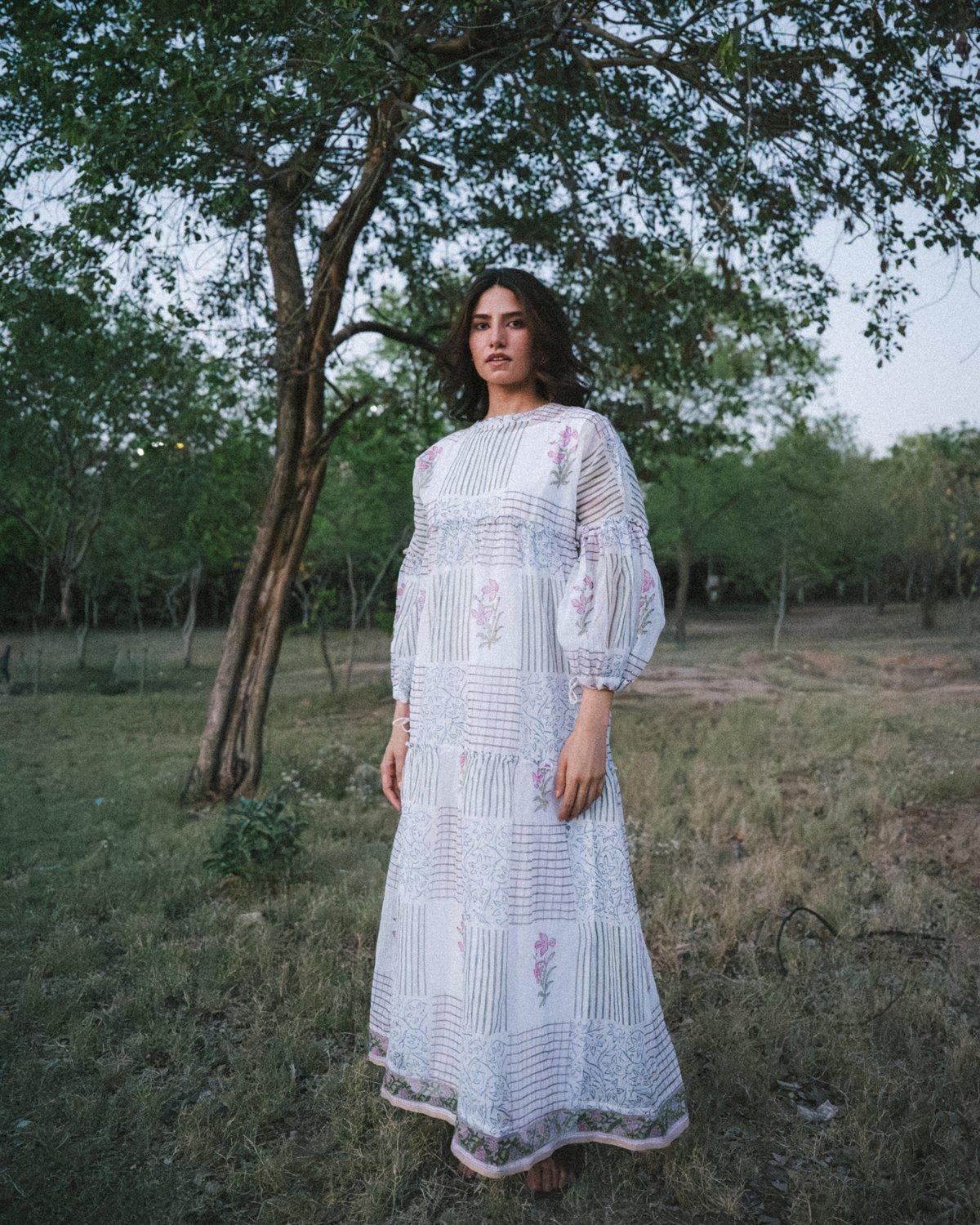 White Block Print Maxi Dress